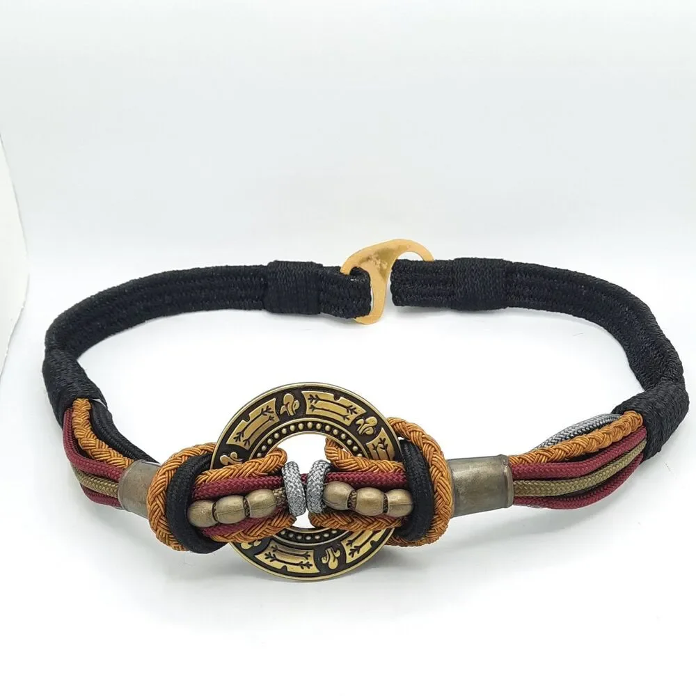 Vtg 80s Boho Macrame Braided Rope Fleur De Lis Medallion Statement Belt Stretch